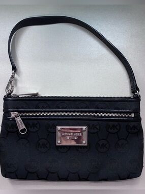 Michael Kors Black Signature Embossed Logo Wristlet Clutch w/ Silver Hardware